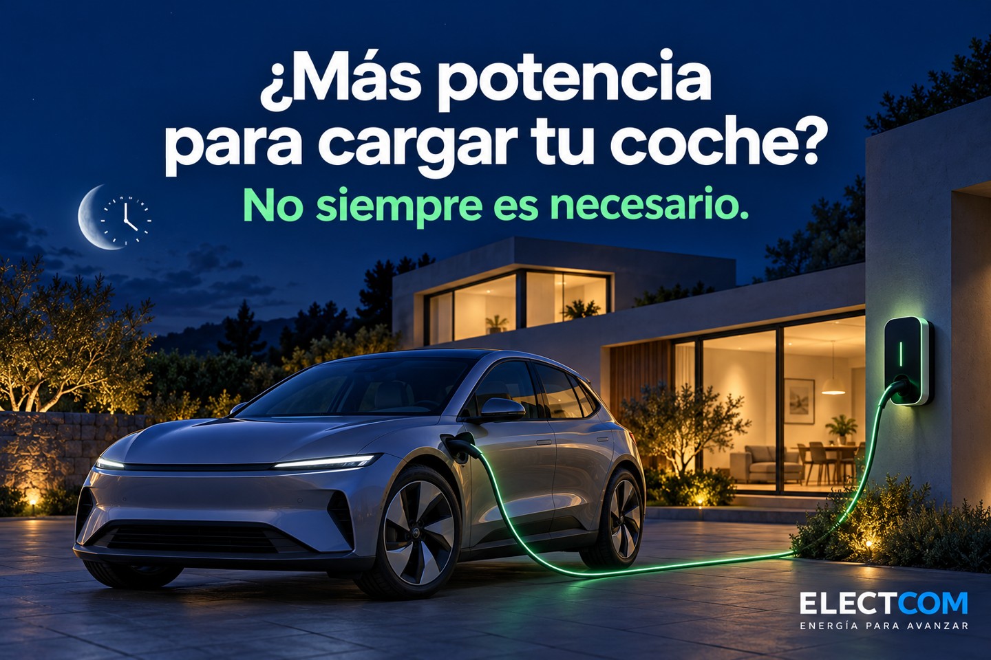 Ilustración de un coche eléctrico conectado a un cargador doméstico durante la noche